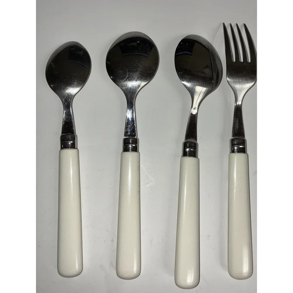 Vintage Flatware 4 Pieces White Plastic Handle Spoon Fork Print‎